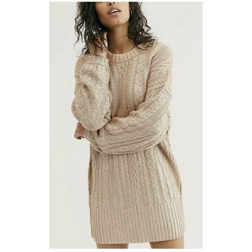 Free People Good As Gold Sweater Dress Metallic Cable‎ Knit SZ S Fisherman Tunic